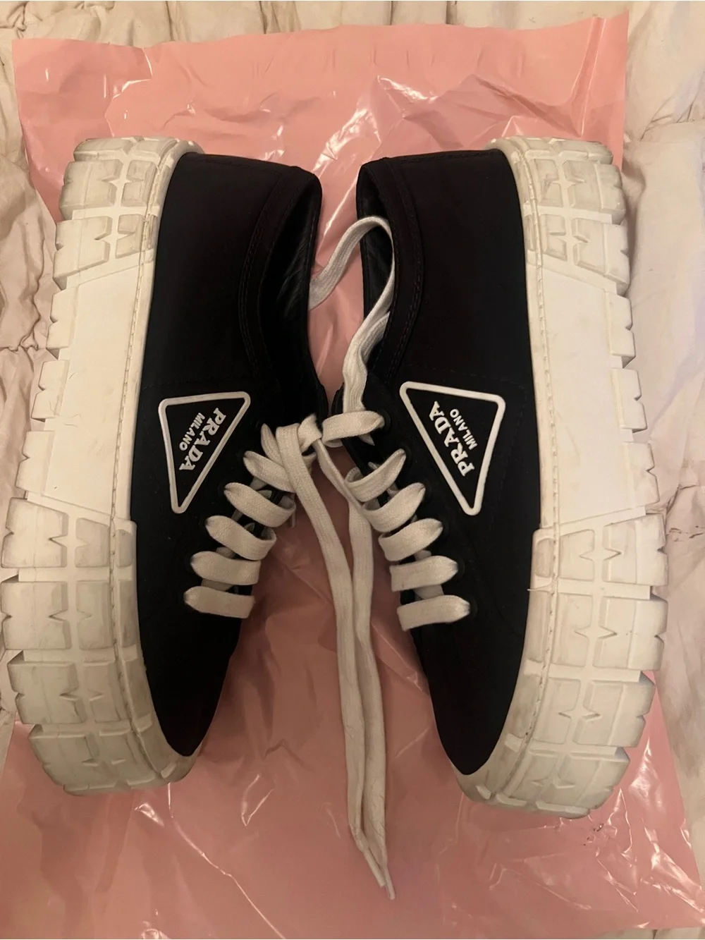 PRADA Double Wheel Re-Nylon Gabardine Sneakers -Black/White